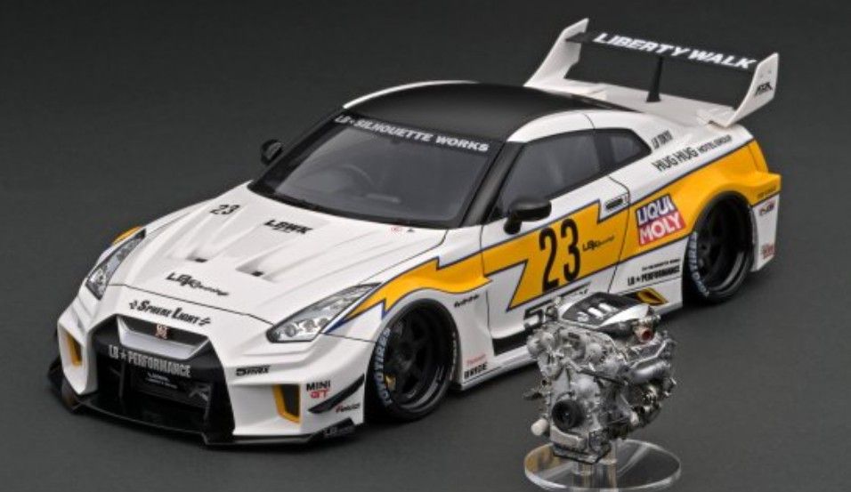 日本官網限定70台] IG2959 1/18 LBWK GT Nissan 35GT-RR 白/黃附引擎