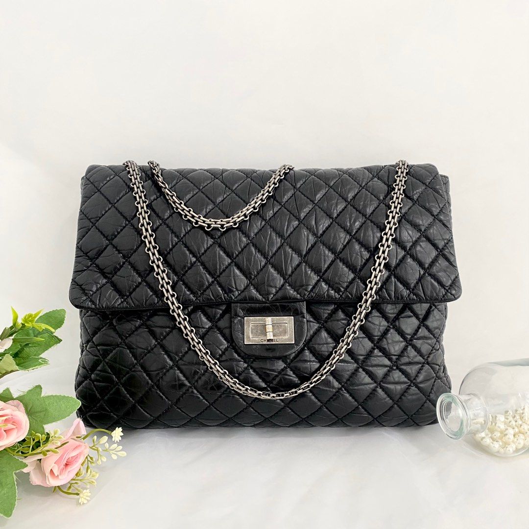 💯% Authentic Chanel Black Aged Calf 2.55 Lock Large Single Flap Bag With  Tuthenium Hardware