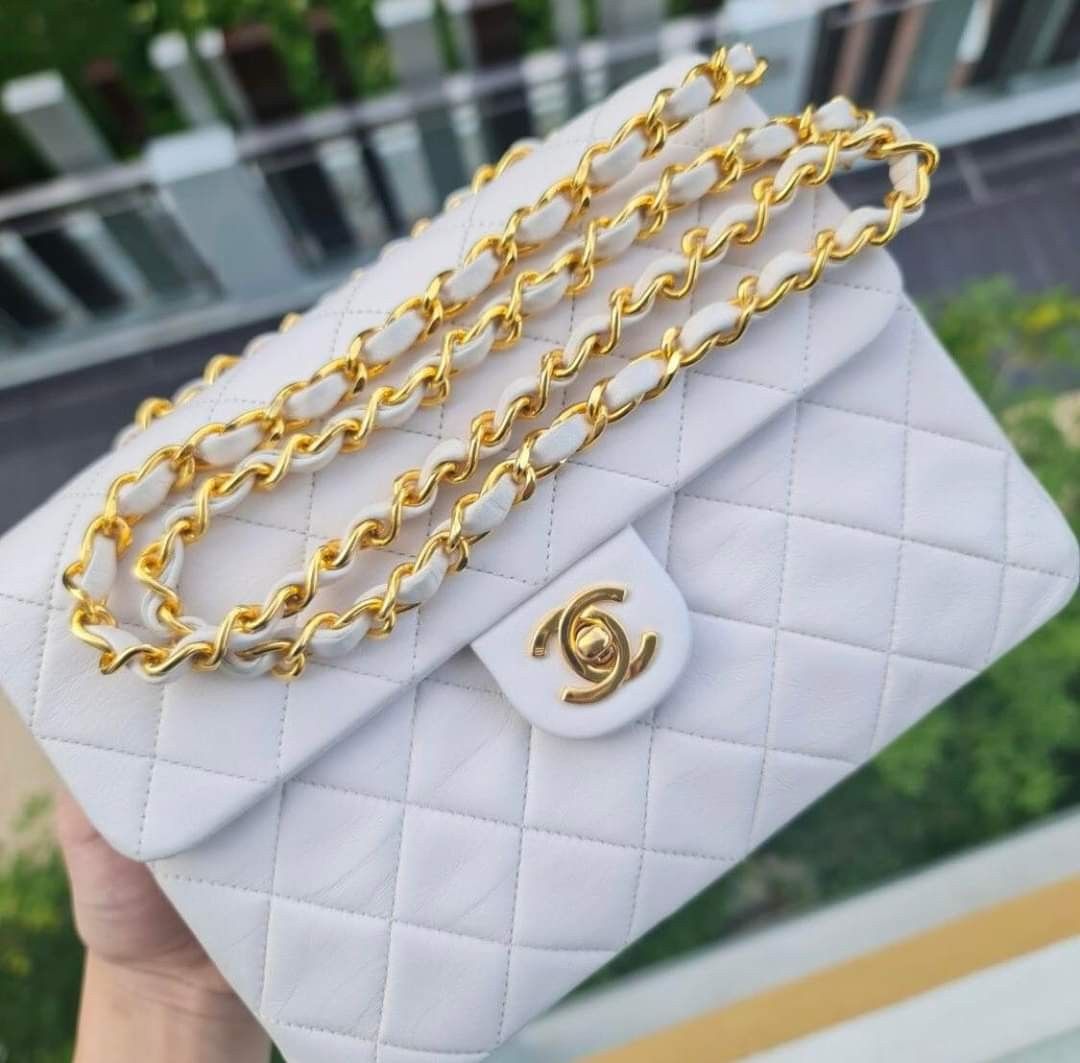 Authentic Chanel Vintage Mini Square White Lambskin 24k Gold Plated  Hardware, Luxury, Bags & Wallets on Carousell