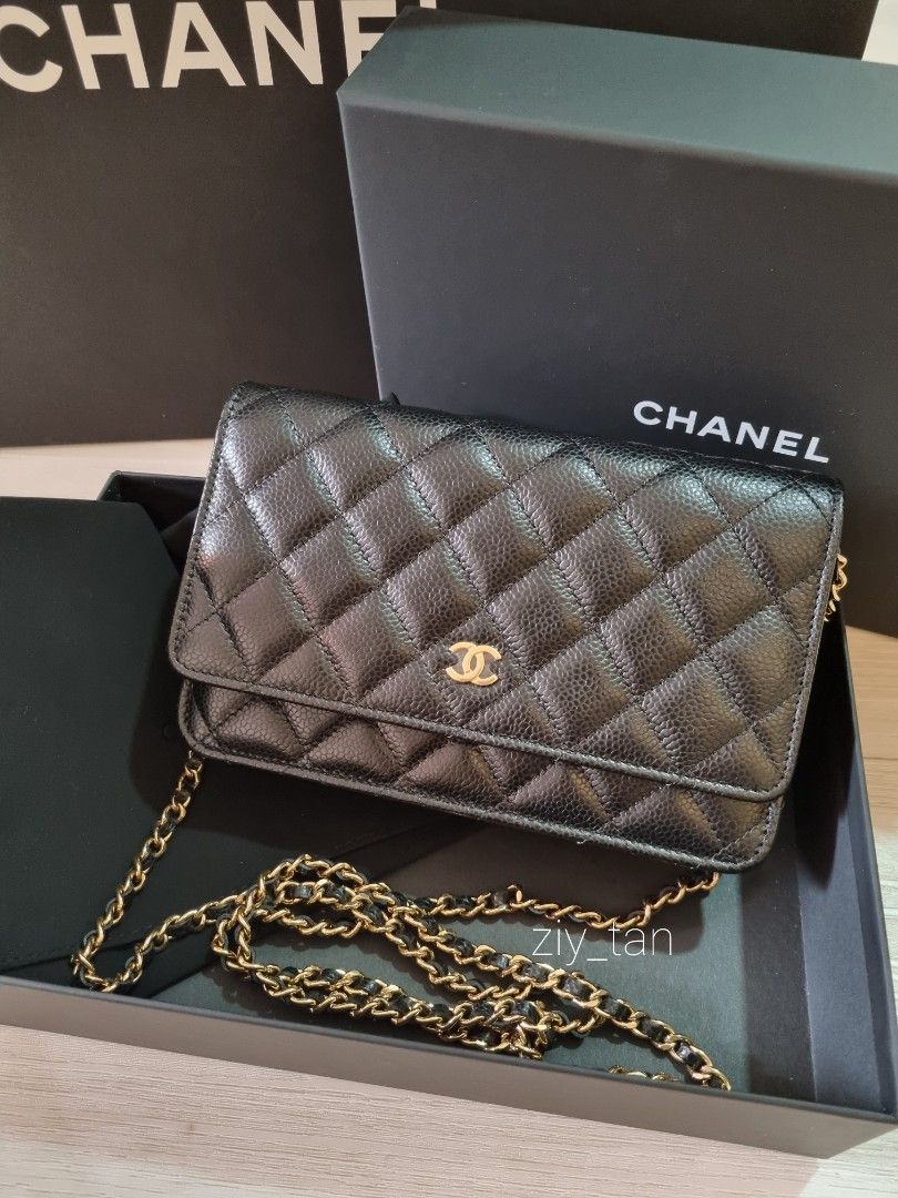 BNIB 23P Chanel WOC Classic Wallet on Chain Black Caviar Gold Hardware