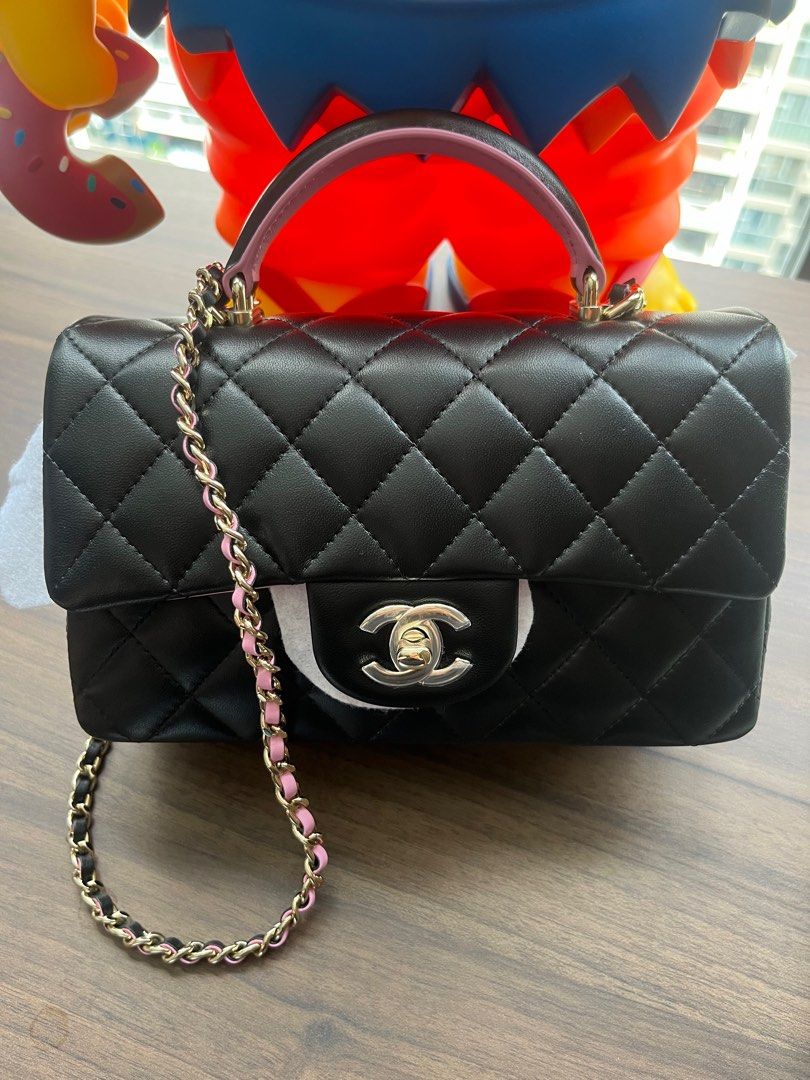 Chanel 23P Black / Pink Lambskin Top Handle Mini with Champagne Gold  Hardware. 