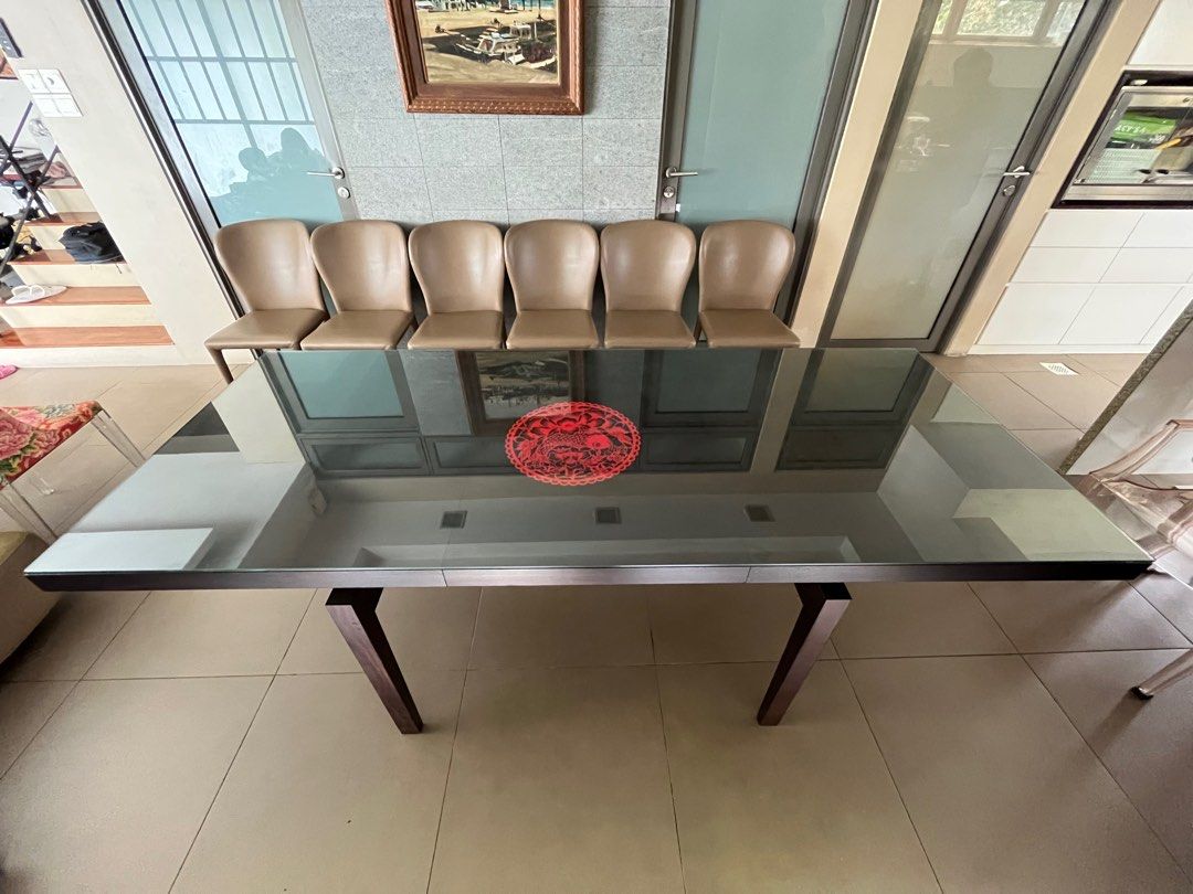 Dining Table (Category: Tables & Sets) located in Singapore. Submitted by serenelty01 (Listing ID 1215769368, Image 1). Description: Wooden dining table Tempered glass top L220 x W90 x H75 cm Self collect at Kembangan landed .