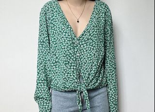 Divided Ditsy Floral tie front blouse