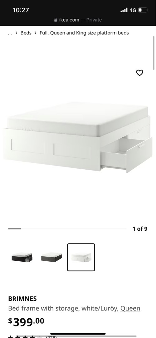 Ikea BRIMNES queen bed with HOKKASEN spring pocket mattress, Furniture