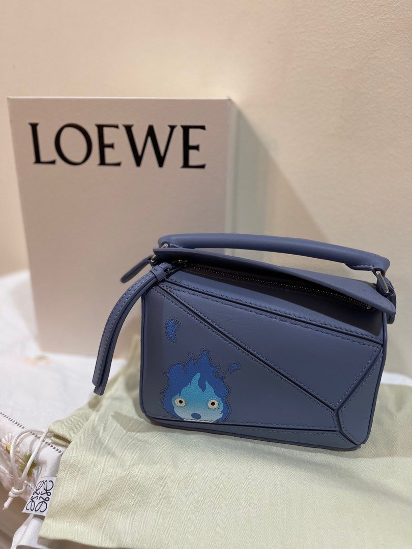 LOEWE x Howls Calcifer Mini Puzzle Bag In Satin Calfskin Blueberry