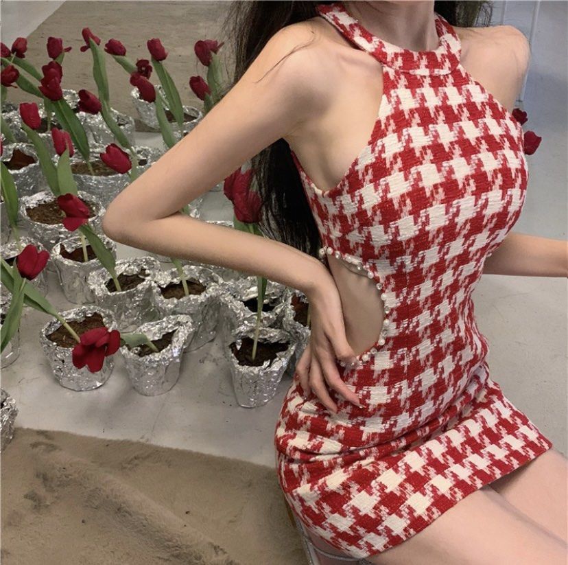 Red White Houndstooth Dress w design, Women's Fashion, Dresses