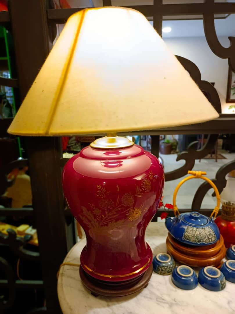 Red Vintage Brass Chinese Porcelain's Lamp, Hobbies & Toys
