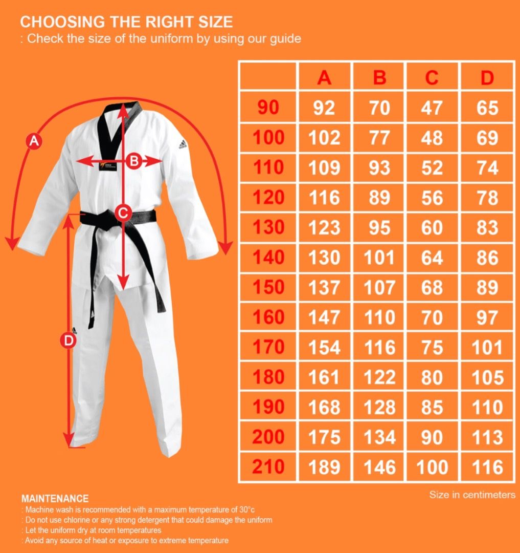 Adidas taekwondo uniform sales size chart