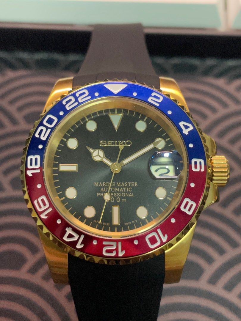 Seiko Custom Mod “GMT Master II Gold Pepsi” 40mm case, Men's Fashion,  Watches & Accessories, Watches on Carousell