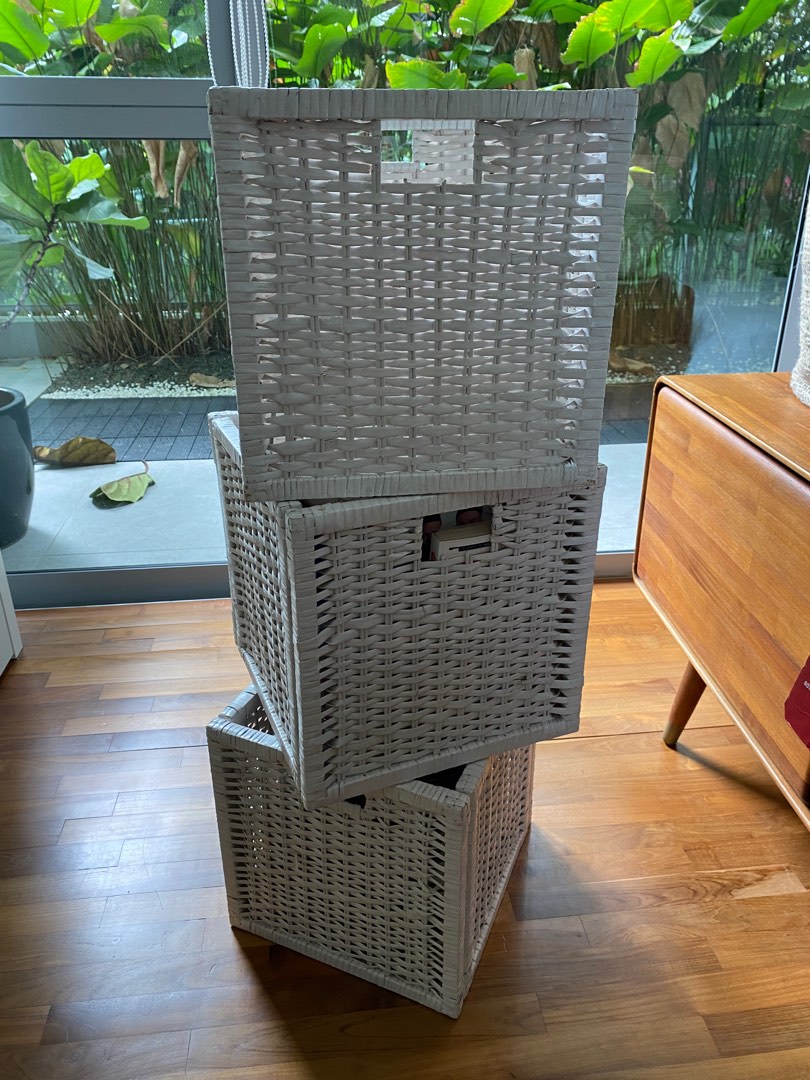 Set of 3 ikea Kallax White Rattan Boxes, Furniture & Home Living, Home