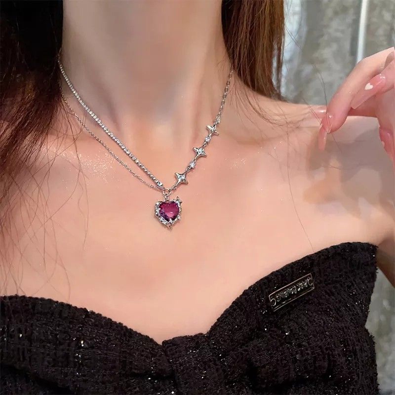 Korean Fashion Y2K Goth Pink Bowknot Heart Pendant Pearl Beaded Clavicle  Chain Necklace Women Aesthetic EMO Jewelry Accessories