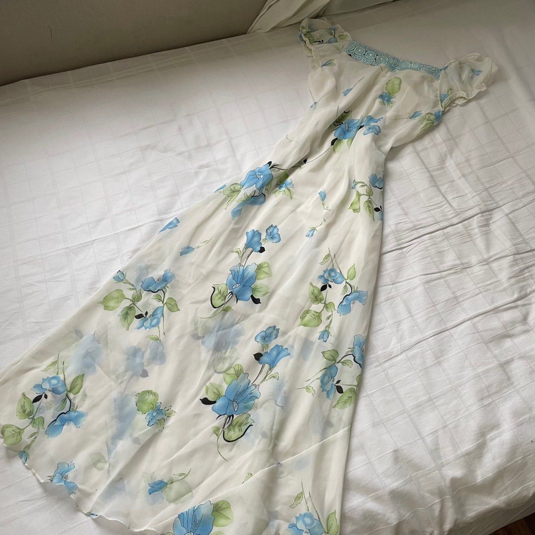 Floral Off-The-Shoulder Shirred Ruffled Puff Sleeve Midi Dress