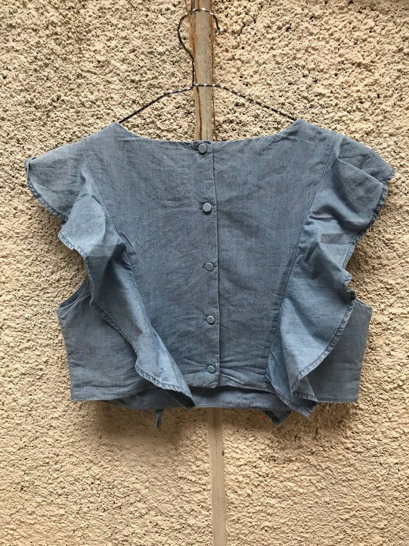 Zara denim ruffle, Fesyen Wanita, Pakaian Wanita, Atasan di Carousell