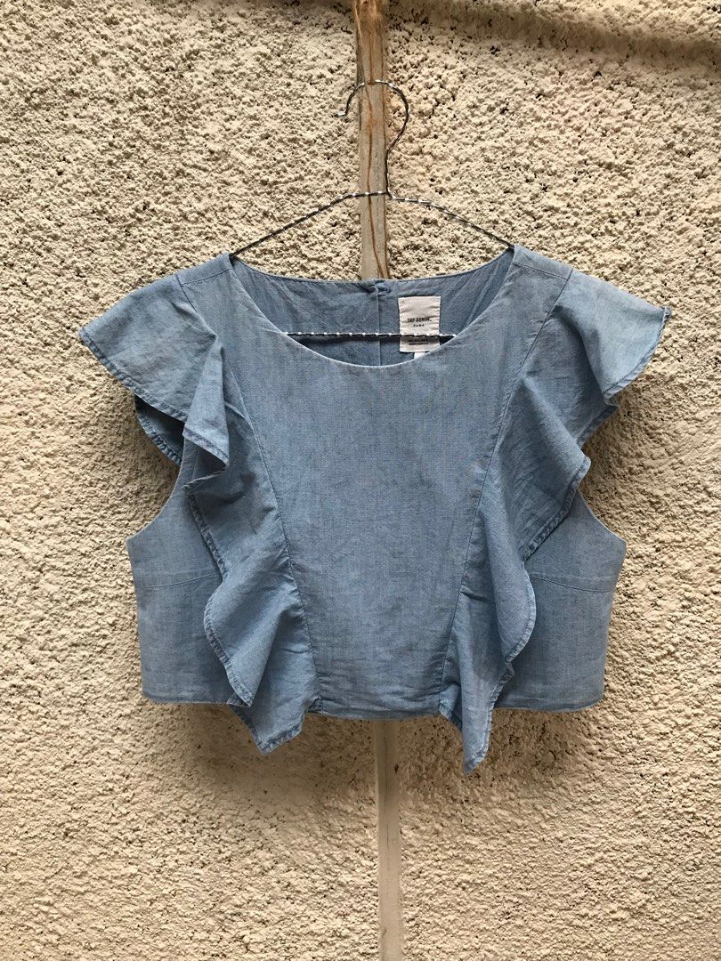 Zara denim ruffle, Fesyen Wanita, Pakaian Wanita, Atasan di Carousell