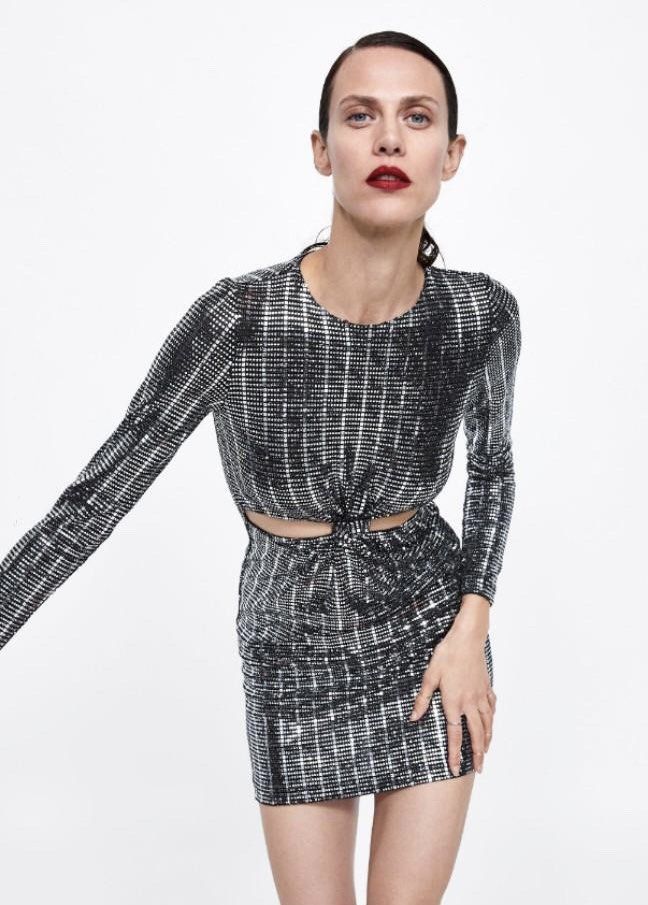 ZARA woman winter evening wear collection cut out knot black silver sparkly glitter sequin long sleeve short mini party dress with tag