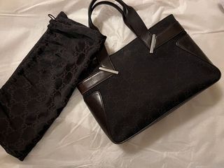 Authentic Rare Gucci GG Black Gold Canvas Leather Tote Bag