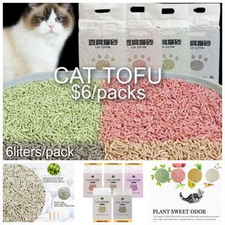 Cat tofu premium quality cheaper price 6liters per pack self collection or delivery fee Available buy 10packs FREE HAMMOCK,  FEEDEER BOWL,  FEATHER TOYS (Random Gifts No Choose Until stock last) 1  pack tofu $6 Available Charcoal also cat sand litter tofu