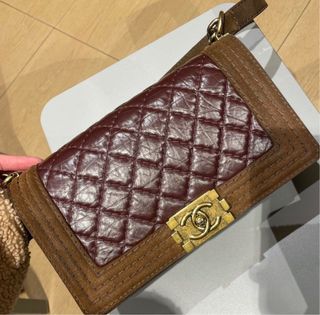 真品）Chanel le boy 25  香奈兒Paris-Edimbourg 愛丁堡 酒紅臘皮拼接麂皮  中號