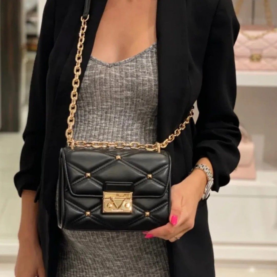 Michael Kors Serena Flap Crossbody Small Quilted Bag With Studs Black