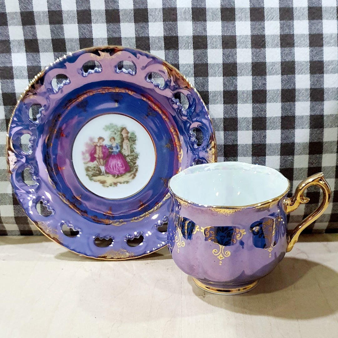 GOLDEN FANTASY OHASHI CHINA, 1932 NAGOYA JAPAN, PURPLE LUSTER CUP and SAUCER