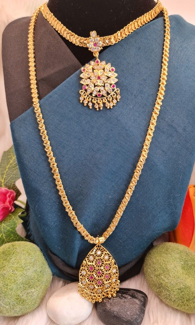 Indian gold plated attiyal and Long chain combo set Women s