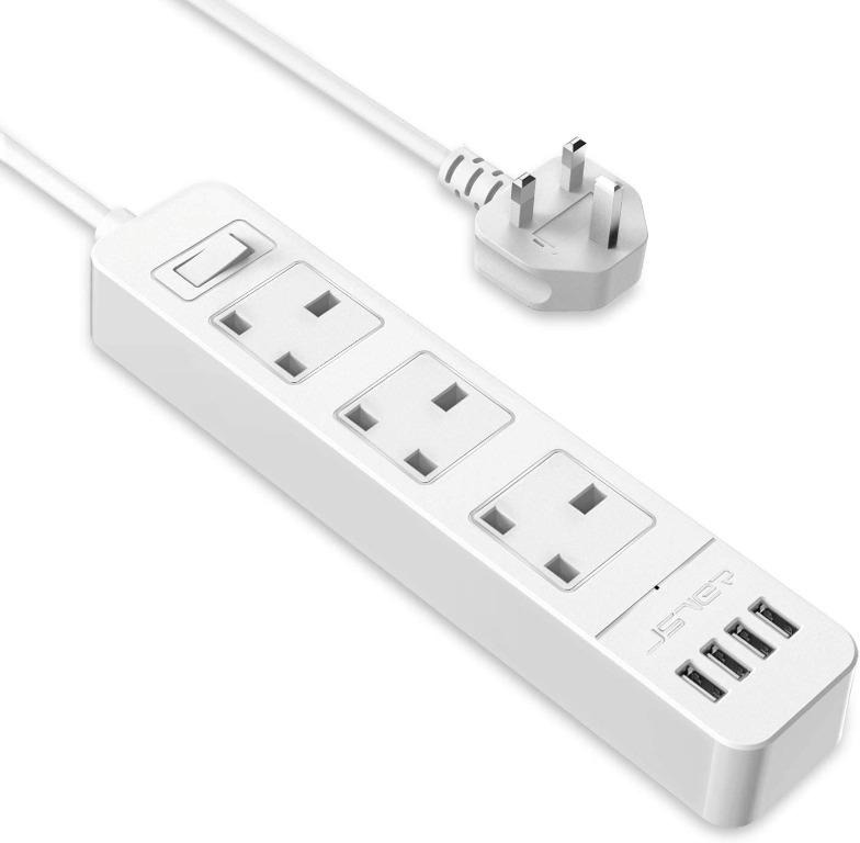 JSVER Extension Lead USB, Power Socket with 3 Outlet 4 USB Charging