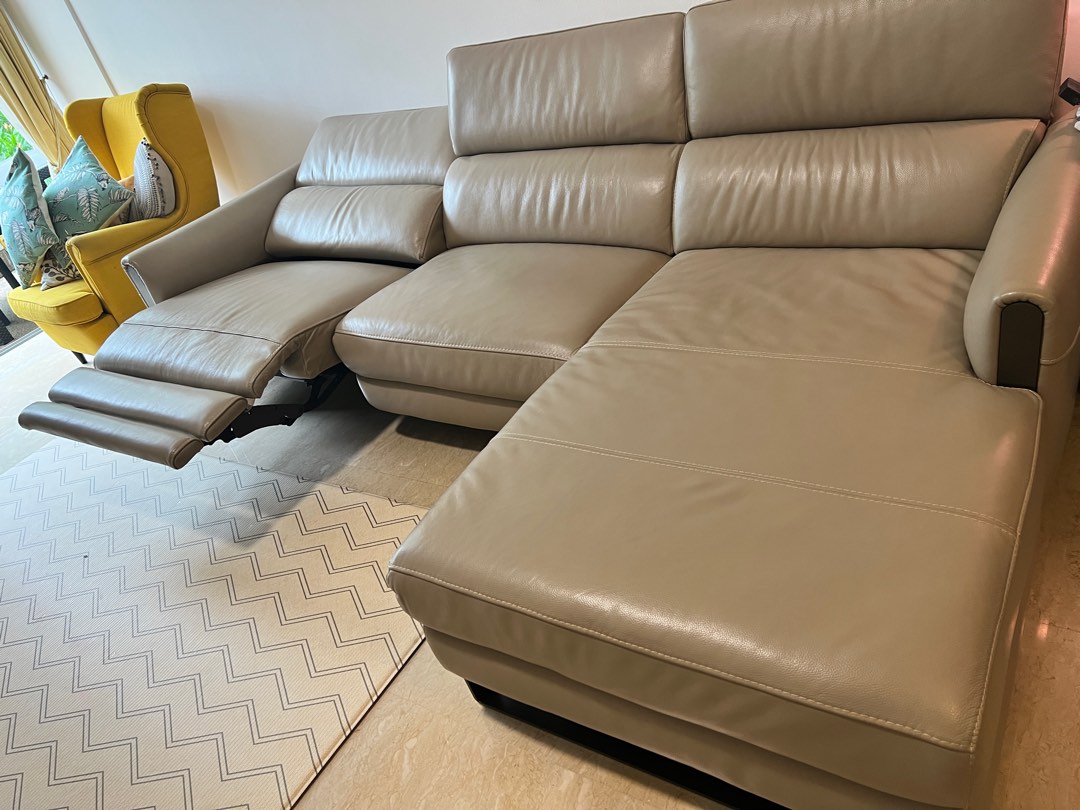 Leather Lshape sofa + electric recliner 16 months old, Furniture