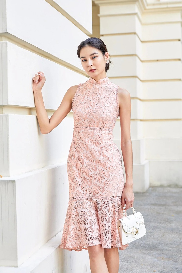 MADEBYNM FONTAINE REMOVABLE COLLAR MERMAID LACE DRESS IN PEACH PINK ...