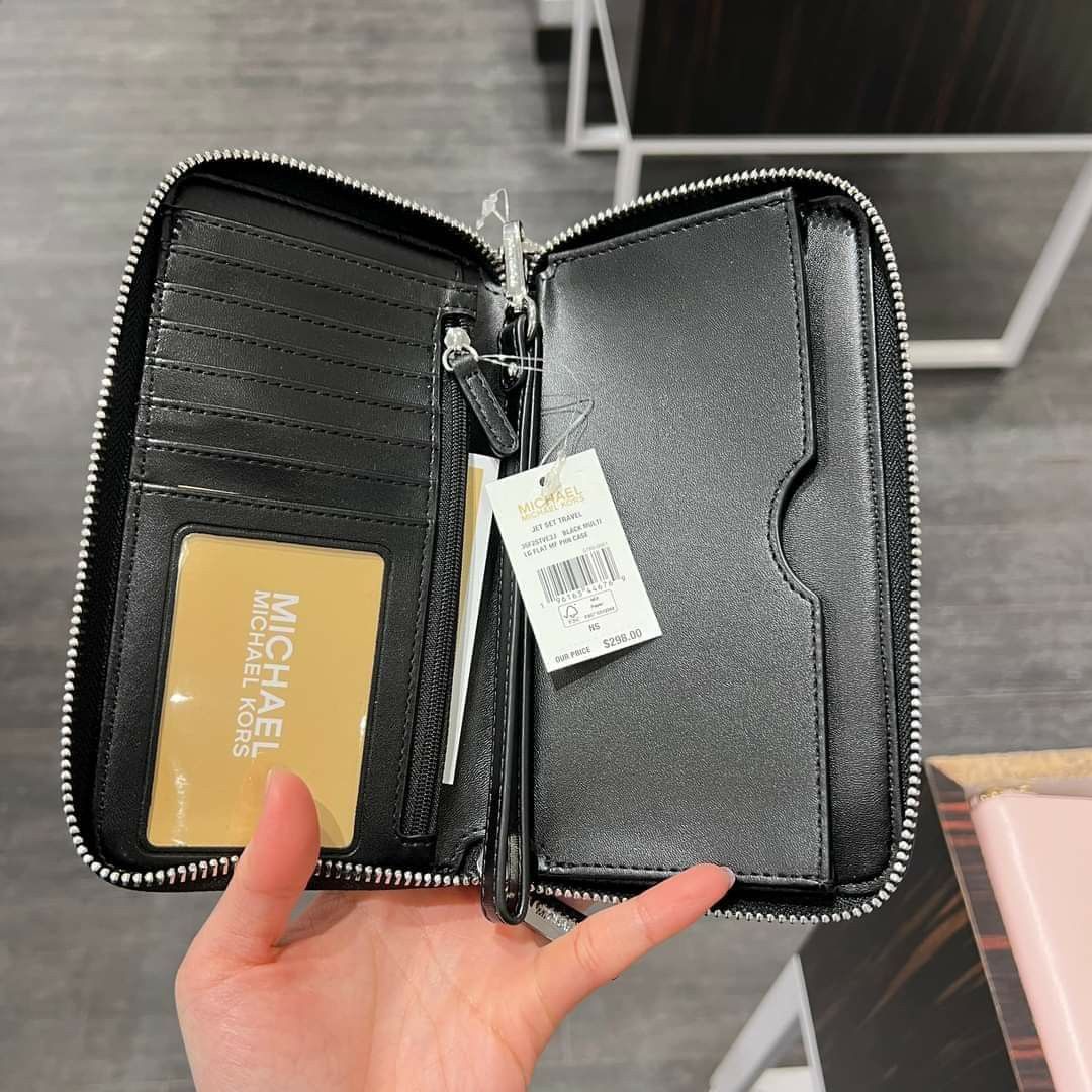 Michael Kors Jet Set Travel Large Flat Zip MF Phone Case Wristlet Wallet  Black