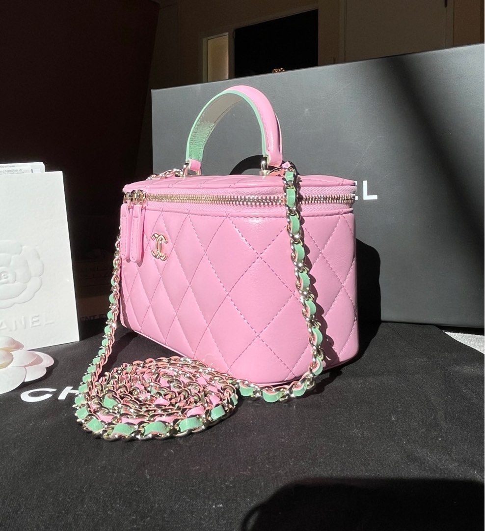 New Chanel 23P Pink Green Lambskin Top Handle Vanity Case classic small  mini bag light gold hardware, Luxury, Bags & Wallets on Carousell