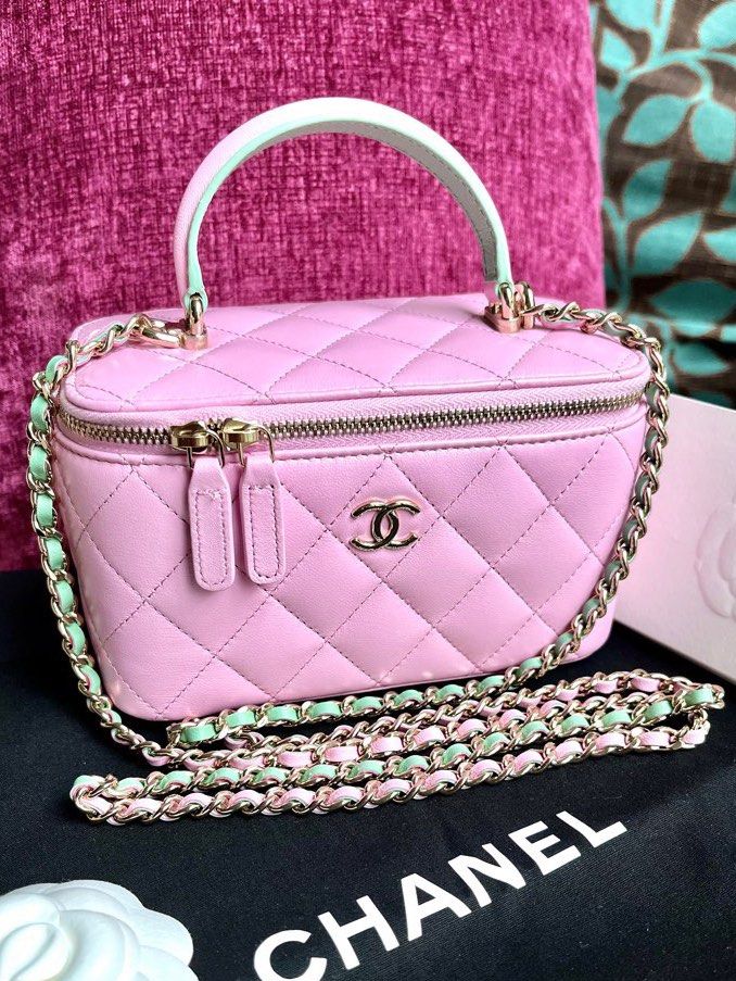 New Chanel 23P Pink Green Lambskin Top Handle Vanity Case classic