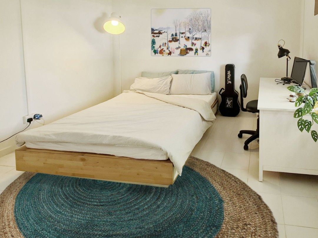 Ikea Mandal platform box bed queen with storage drawers, Furniture