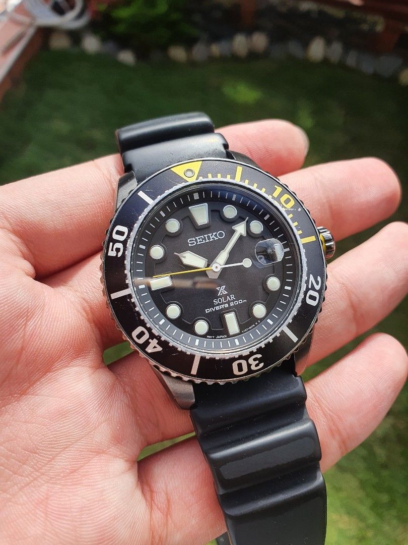 Seiko Prospex Solar SNE441 Air Diver watch 200m black case stainless steel  rubber strap yellow and black, Luxury, Watches on Carousell