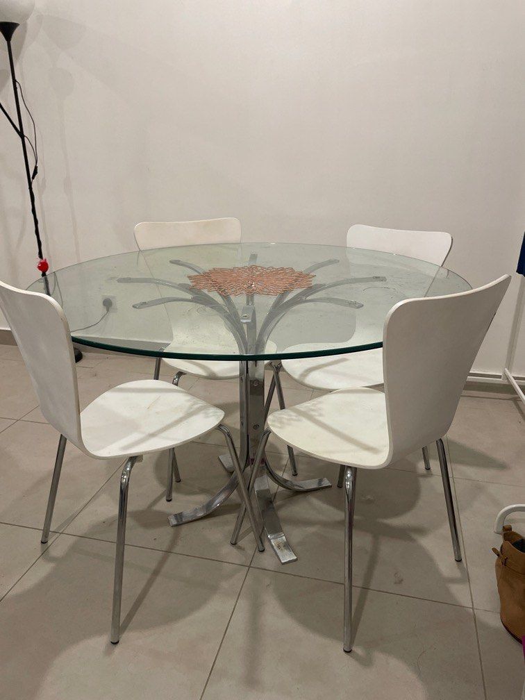 Set 4 chair + glass dining table, Furniture & Home Living, Furniture