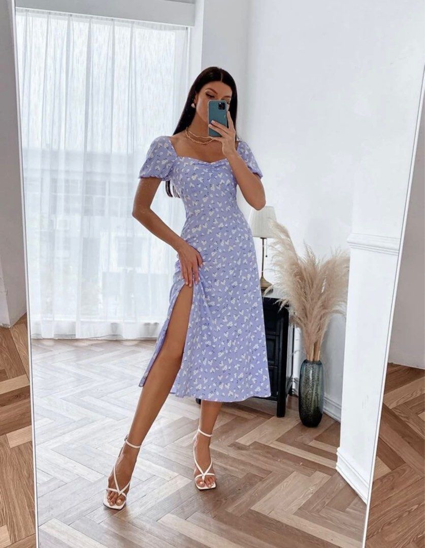 Ditsy Floral Dress Shein Midi Dress Uk Shein Ditsy Floral Sweetheart Neck  Split Thigh Dress, Women's