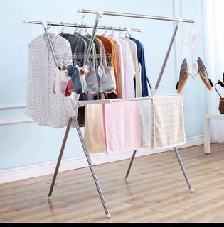 Stainless steel clothes rack landing X-type folding double-rod telescopic indoor cool clothes rack drying rack balcony drying quilt rack