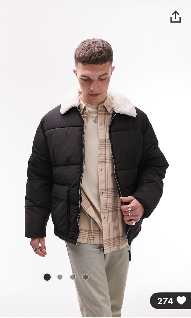 Topman Puffer Jacket with Borg Collar Men s Fashion Coats