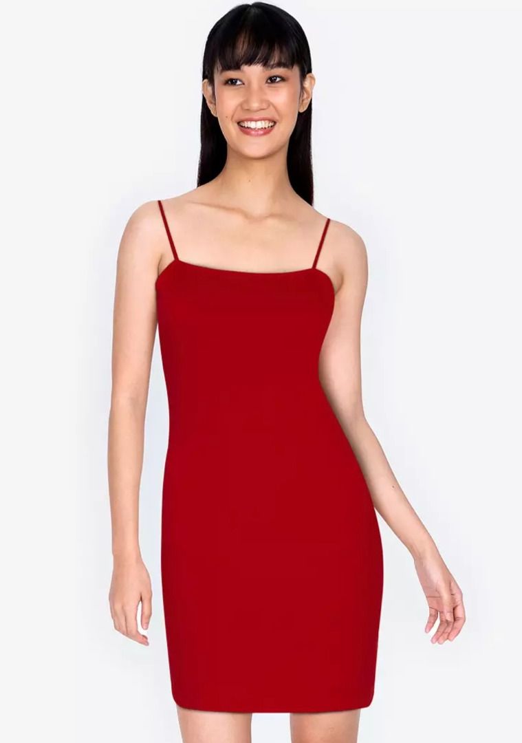 Red straight neck bodycon dress discount