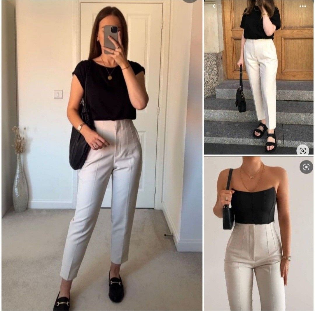 ZARA HIGH-WAIST TROUSERS IN OYSTER WHITE, Women's Fashion, Bottoms, Other  Bottoms on Carousell