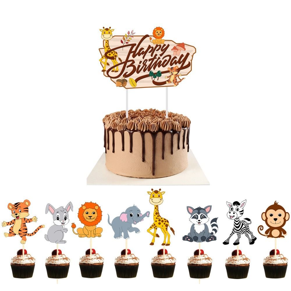 9 PCS Jungle Safari Animal Cake Toppers Picks Cute Animal Cupcake ...