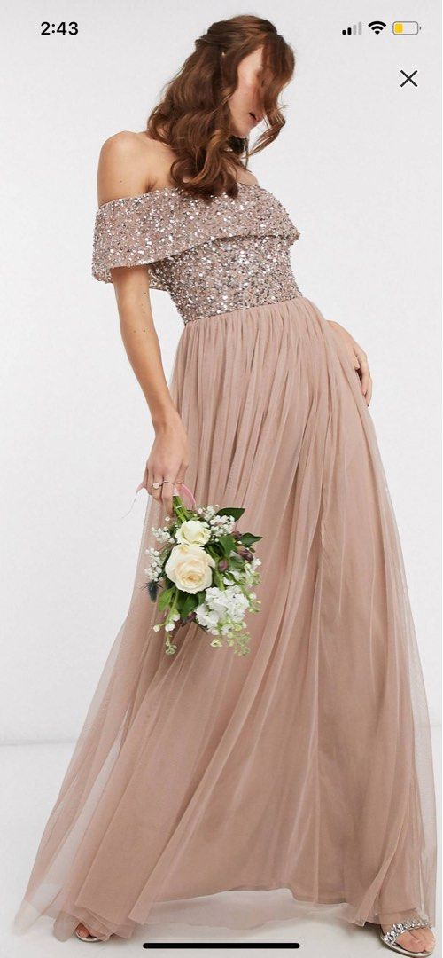 Maya bridesmaid bardot maxi tulle dress with tonal delicate sequins in taupe blush hot sale