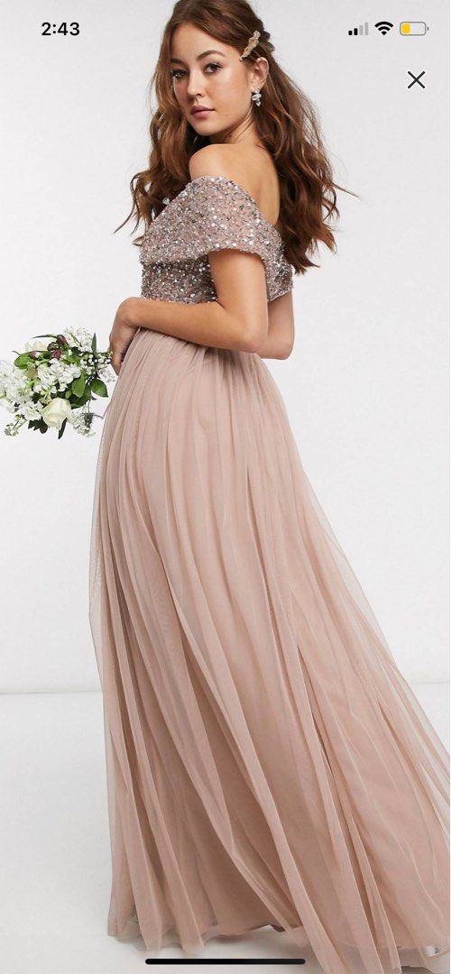 ASOS Maya Bridesmaid Bardot Maxi Tulle dress with tonal delicate sequins in taupe blush Women s Fashion Dresses Sets Evening dresses gowns on Carousell
