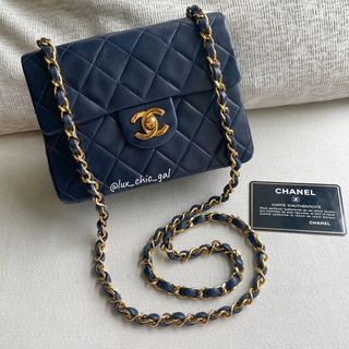 AUTHENTIC CHANEL Blue Mini Square 7" Classic Flap Bag 24k Gold Hardware 💙