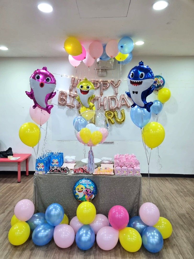 Baby shark birthday decorations, birthday set up, Hotel decorations, helium  balloons, Hobbies & Toys, Stationery & Craft, Art & Prints on Carousell