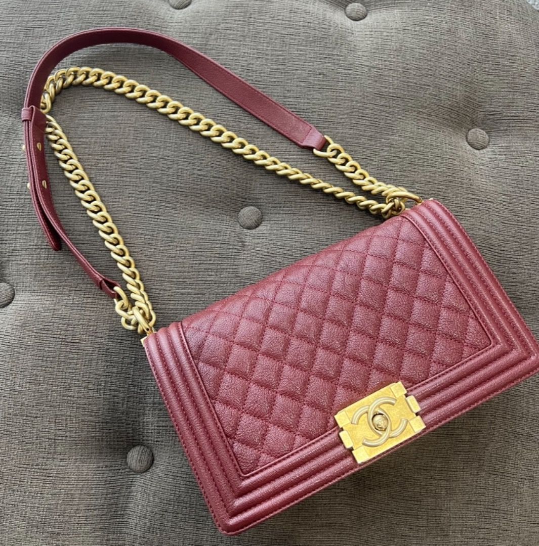 Chanel Boy Maroon Quilted Caviar Leather w Gold Hardware (Authentic)