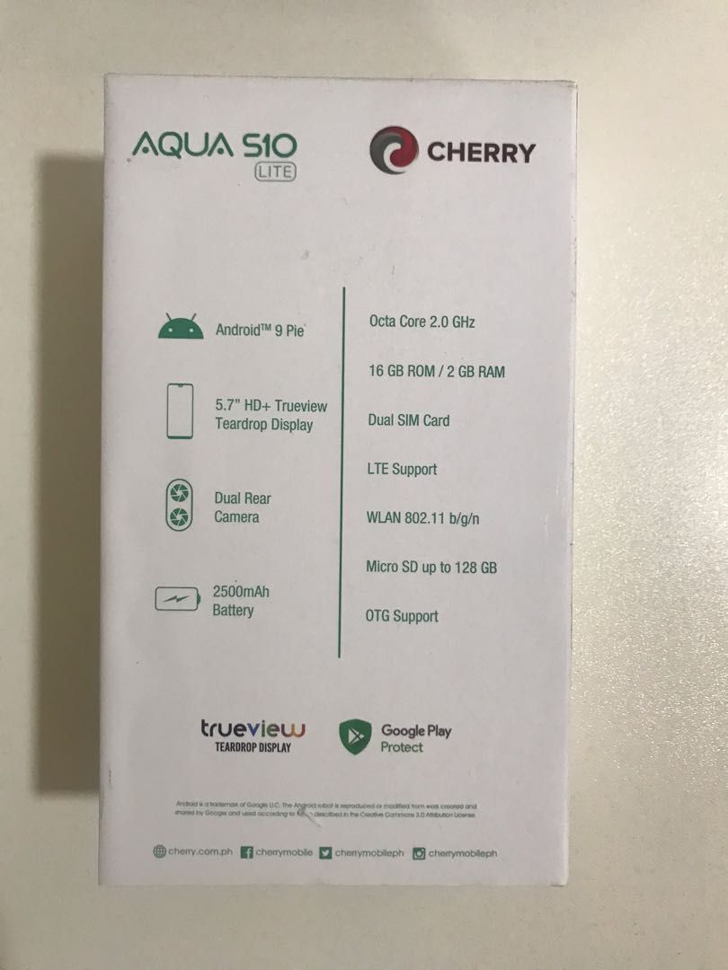 Cherry Mobile Aqua S10 Lite (Category: Android Others) located in Pasay City. Submitted by kkalien (Listing ID 1216155685, Image 2). Description: Cherry Mobile Aqua S10 Lite Color: Blue Product Specifications: Android 9 Pie 2.0GHz Octa-Core Mediatek P23 5.71” HD+ TrueView Teardrop Display 8MP + 2MP Rear & 5MP Front Camera 16GB ROM | 2GB RAM Micro SD up to 128GB Dual SIM Hybrid | LTE Ready 2500mAh Battery Capacity.