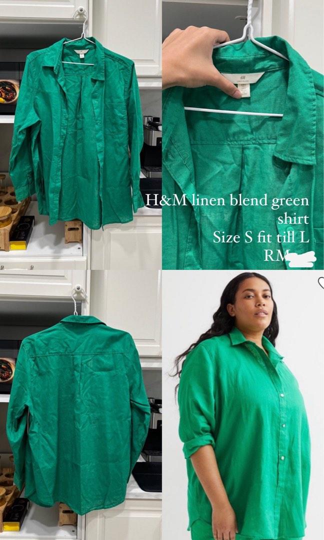 Hu0026M linen blend green shirt, Women's Fashion, Tops, Blouses on Carousell
