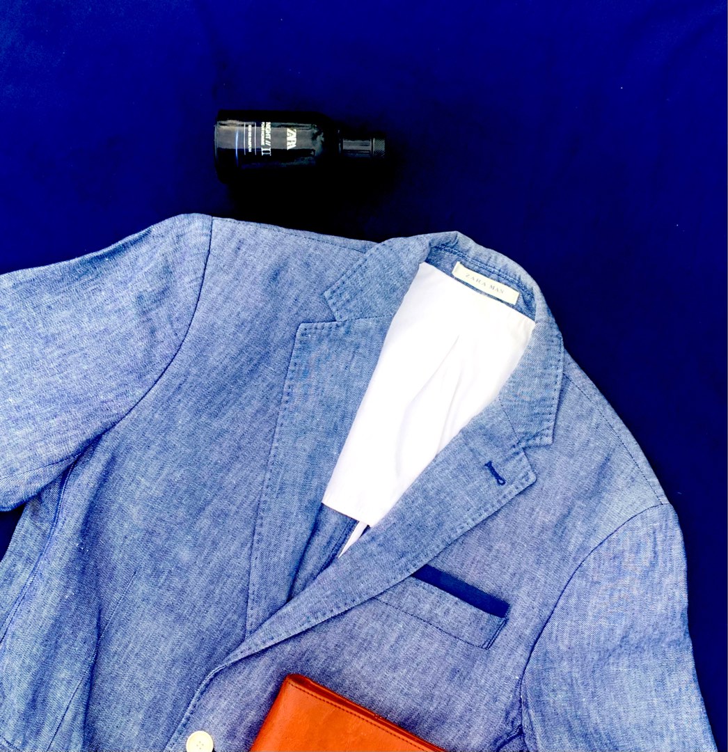 [HOT] ZARA MAN Denim Chambray Slimfit Blazer, Fesyen Pria, Pakaian