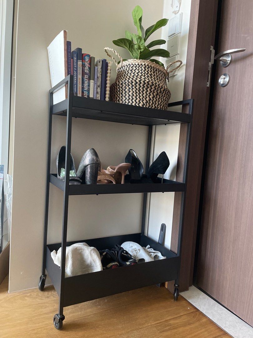 Ikea black 3tier shelf with wheels, Furniture & Home Living, Furniture, Shelves,