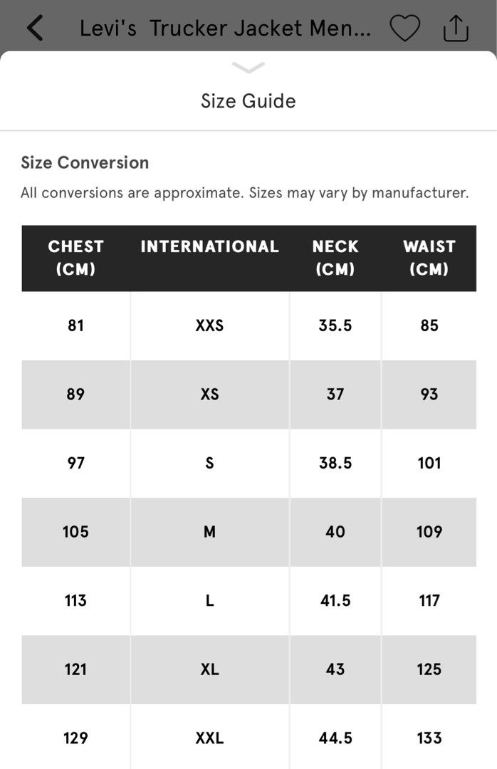 Levi's trucker outlet jacket size chart